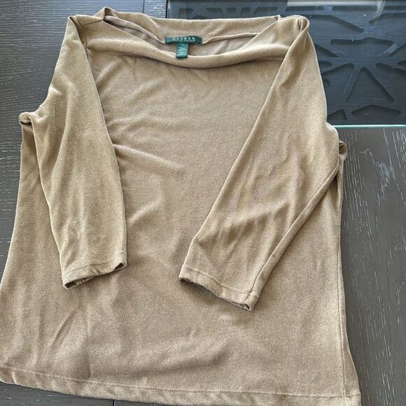 Lauren Ralph Lauren Tan Gold Shimmer Top Blouse Versatile Women’s Size L GUC - Picture 9 of 9